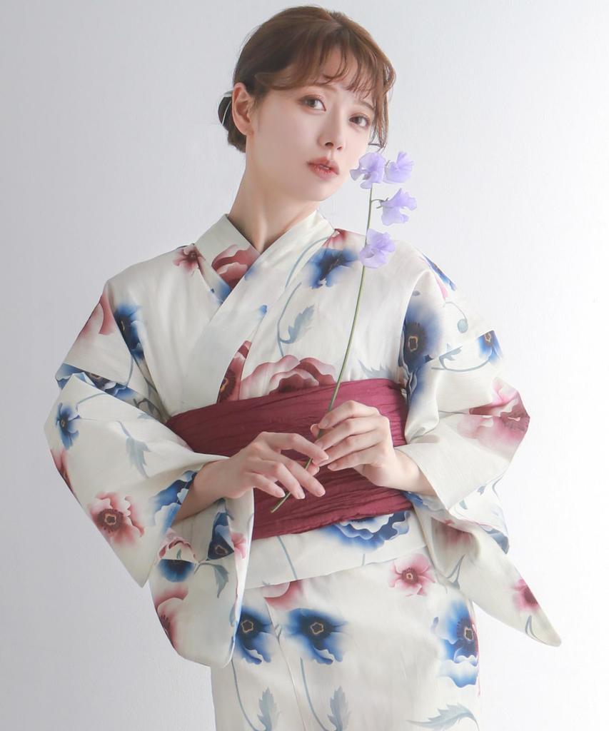Yukata change set Heiko H one size fits [KYOETSU] set, weave, unbleached, 2-piece (yukata, obi), women's (1.Snow white, all)