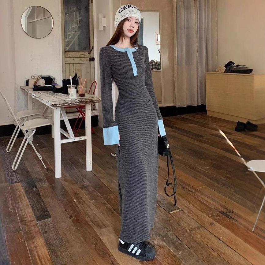 Korean Contrasting Color Semi-open Neck Knitted Dress Women's Autumn and Winter New Design Sense Niche Temperament Hip-wrapped Long Skirt