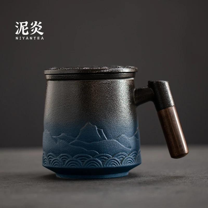 

Керамическое ситечко, чайная чашка, кружка с крышкой, роскошные кофейные чашки, большая офисная, для чая, воды, японский винтаж, оригинальные кружки, деревянная ручка, подарок 301-400ml