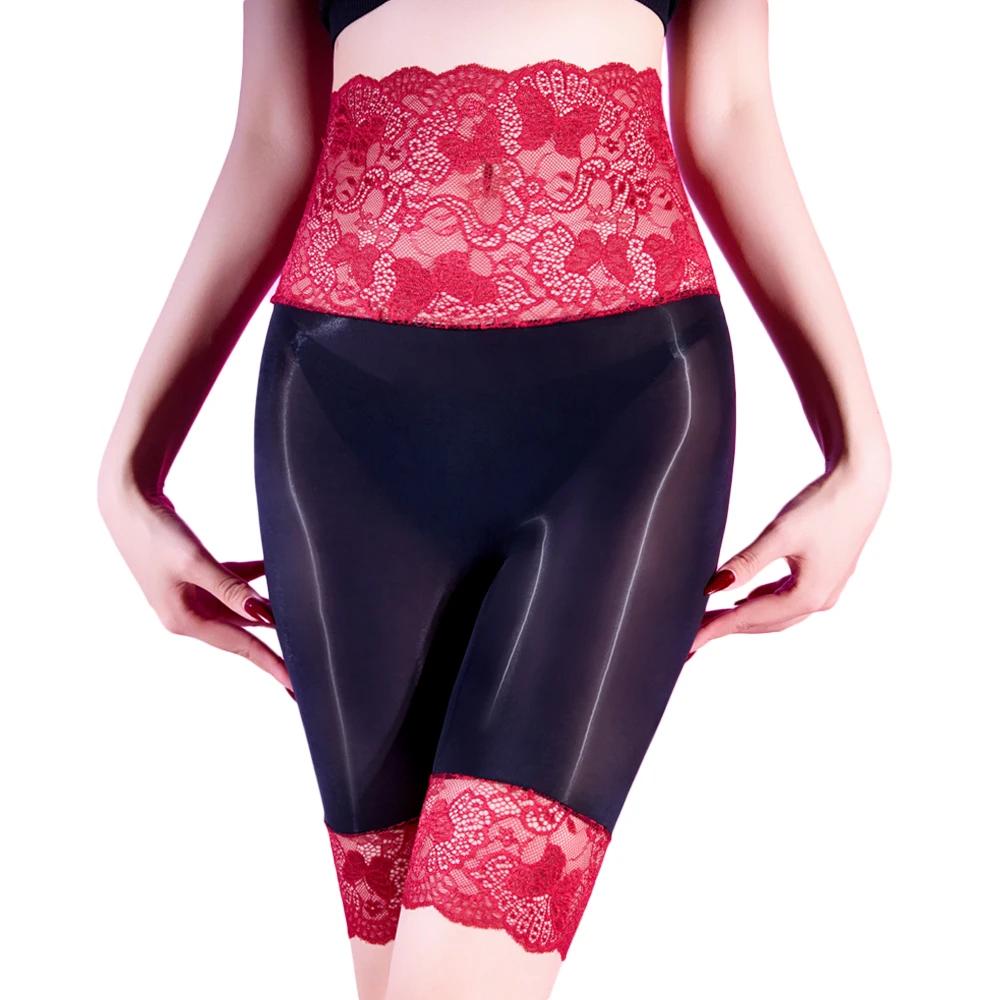 Damen 5D Öl Glänzend Boxer-Slips Hohe Taille Spitze Patchwork Slip Unterwäsche Formende Po Frau Sicherheit Kurze Unterhosen