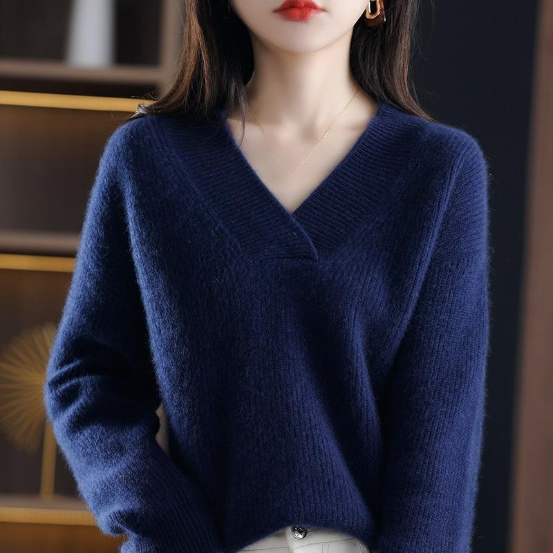 Winter Solid Color V-neck Sweater Women Loose and Thin Knitted Bottoming Pullover Thick Sweater Women