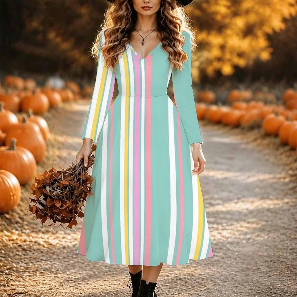 Halloween Women's Gradient Solid Print Midi Dress A Line Dress Vacation Casual Daily Regular Fit Long Sleeve V Neck Black Spring Fall