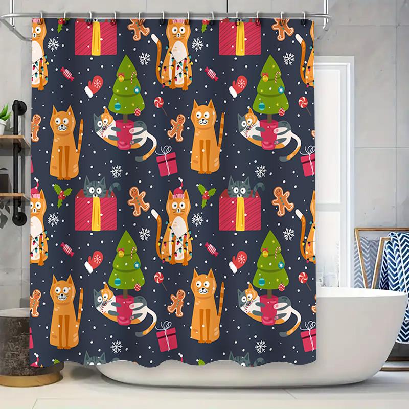 

Festive Christmas Shower Curtain Blue Background With Orange Cats Green Trees For Bathroom Decor (Customizable Size) Perfect Gif W60H190(CM)-1 Pcs
