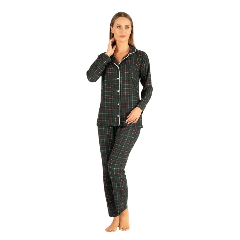 Estiva Set de pijamale pentru damă, din piele intoarsa, cu nasturi, lungime pătrată