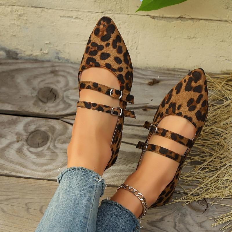 Women's Niche Pointed-Toe Leopard-Print Shoes: New French-Style Slip-On Loafers with Ankle Strap, Ideal for Daily Commute