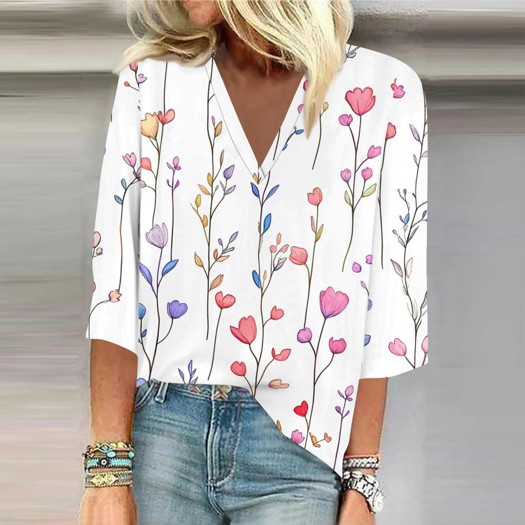 Women's Shirt Blouse Casual Loose Shirts 3/4 Sleeve Print V Neck Tops Print Tops T-shirts Tee