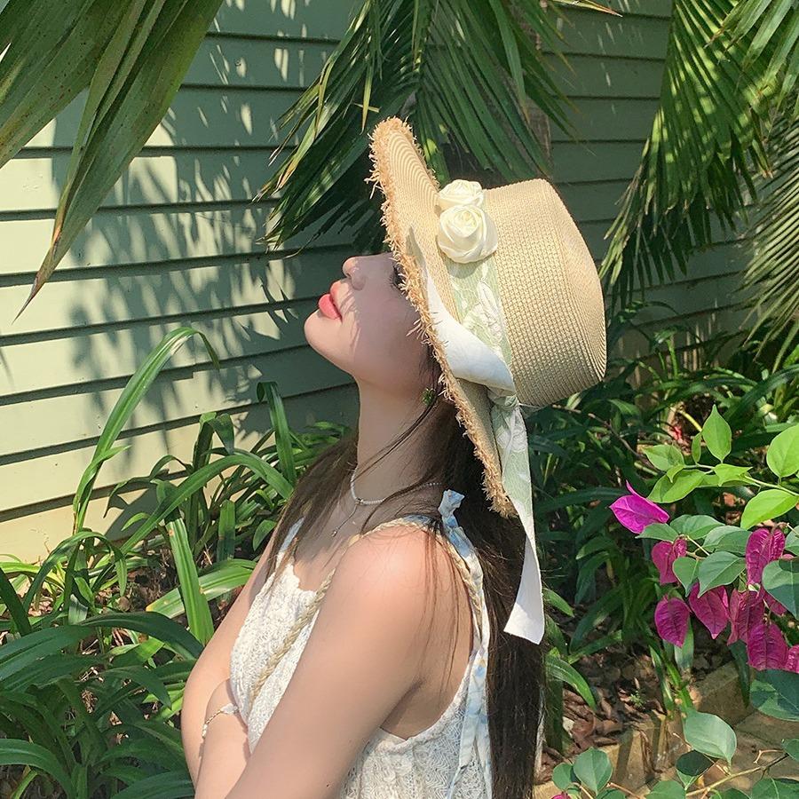 Small Fresh Forest Lace Flower Shade Straw Hat Women's Summer Flat Top Rough Edge Straw Hat Seaside Vacation Beach Hat