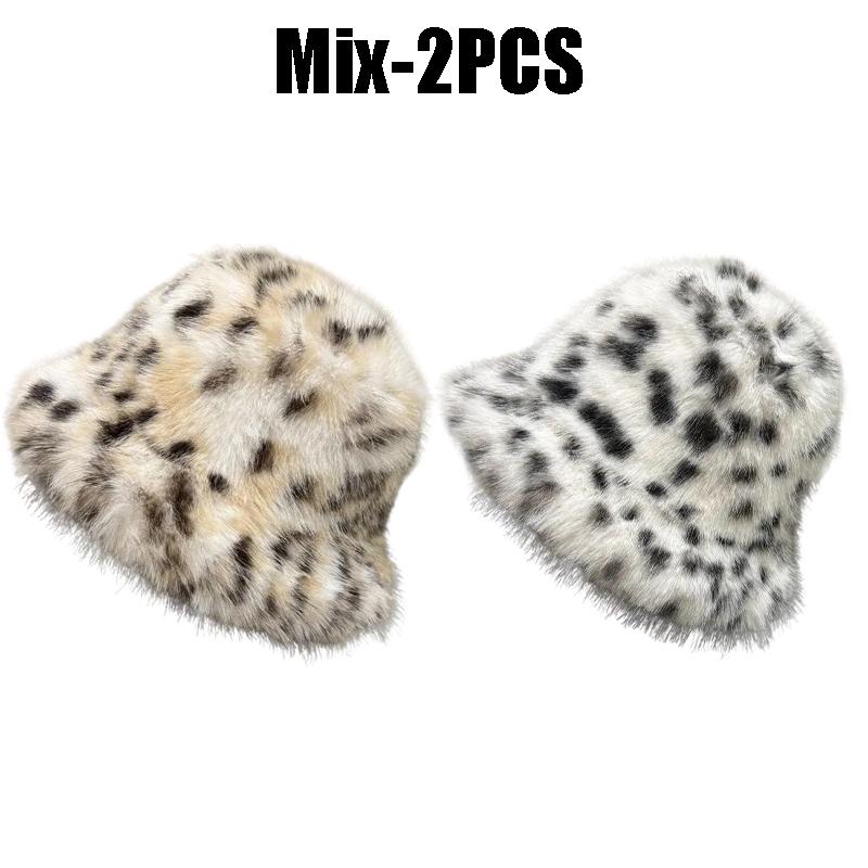 2025 Winter Puffy Faux Fur Bucket Hats Women Fashion Leopard Print Plush Sun Hats Thickened Warm Imitation Fur Panama