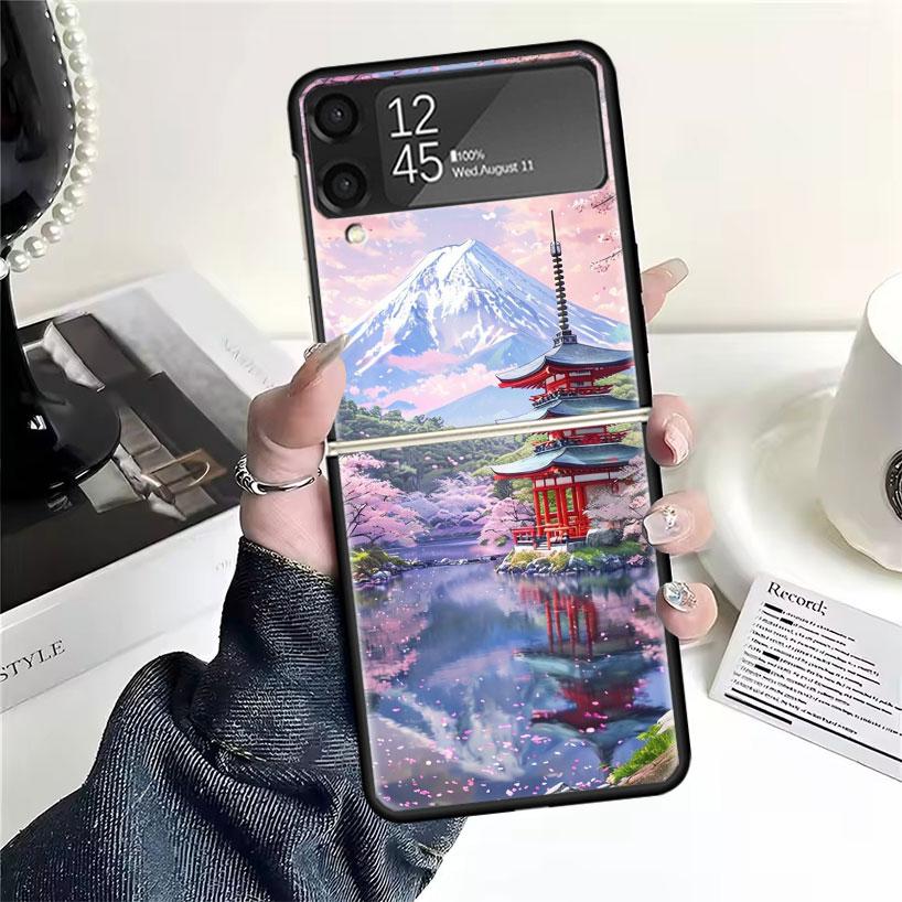 Japanese Cherry Mount Fuji Cases For Samsung Galaxy Z Flip 4 5 6 7 3 Z Flip7 Flip6 Flip4 Flip5 Flip3 5G Hard Shockproof Fundas C