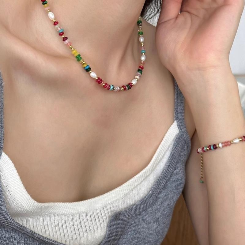 Fashionable Colorful Beads Natural Pearls Necklace Bracelet for Women Retro Gold Chain Jewelry Special Gifts Wear