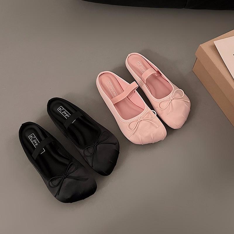 Fashion Baotou Flat Shoes Fall Season Thin Square Head Shallow Bow Lazy Man Slip-on Mary Jane Single Shoes
