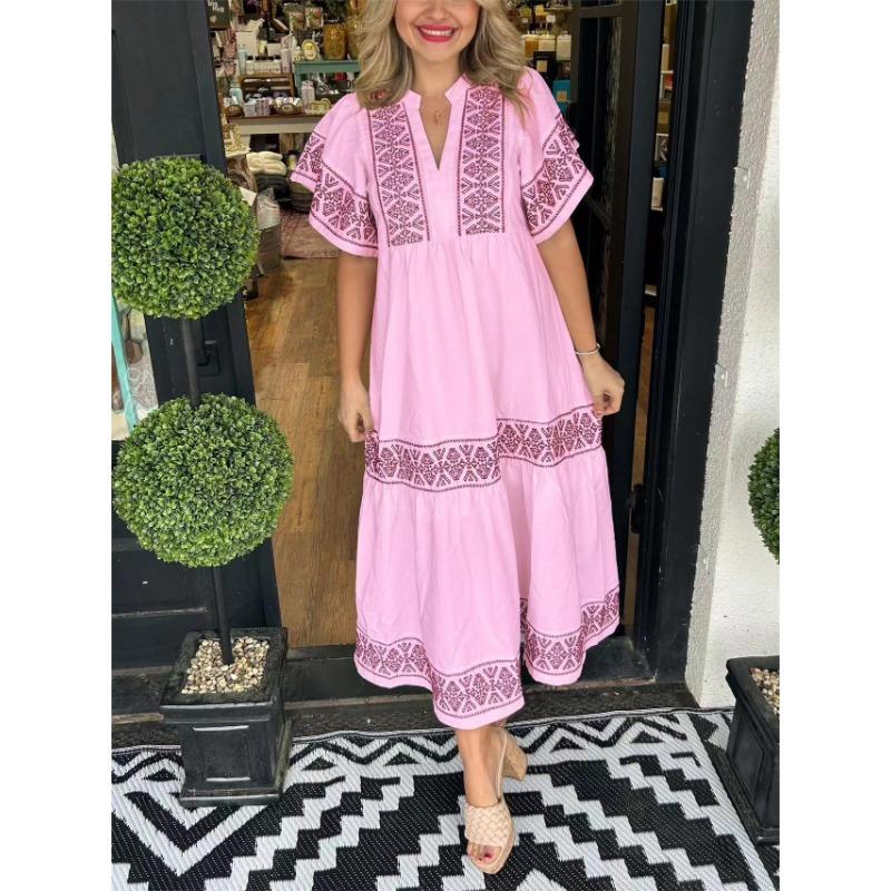 

Летнее модное свободное платье с V-образным вырезом и принтом XXXL розовый