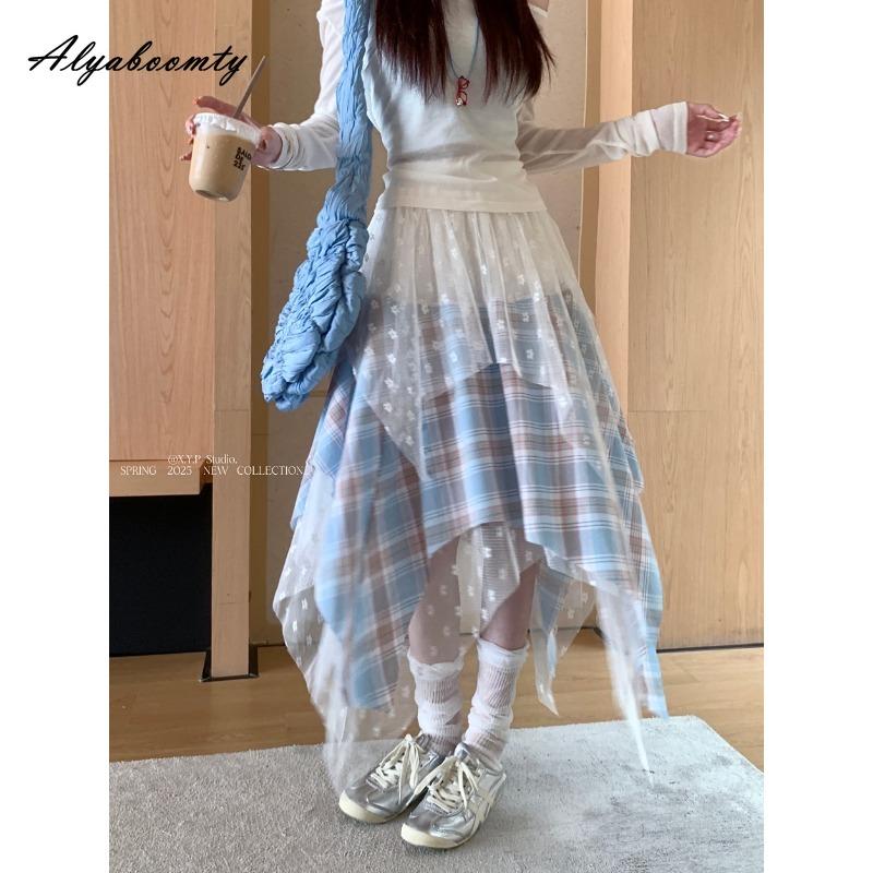 

Корейская мода Лето Осень Женская юбка неправильной формы с высокой талией Клетчатая кружевная лоскутная юбка Стильная женственная женская уличная одежда Юбки One Size