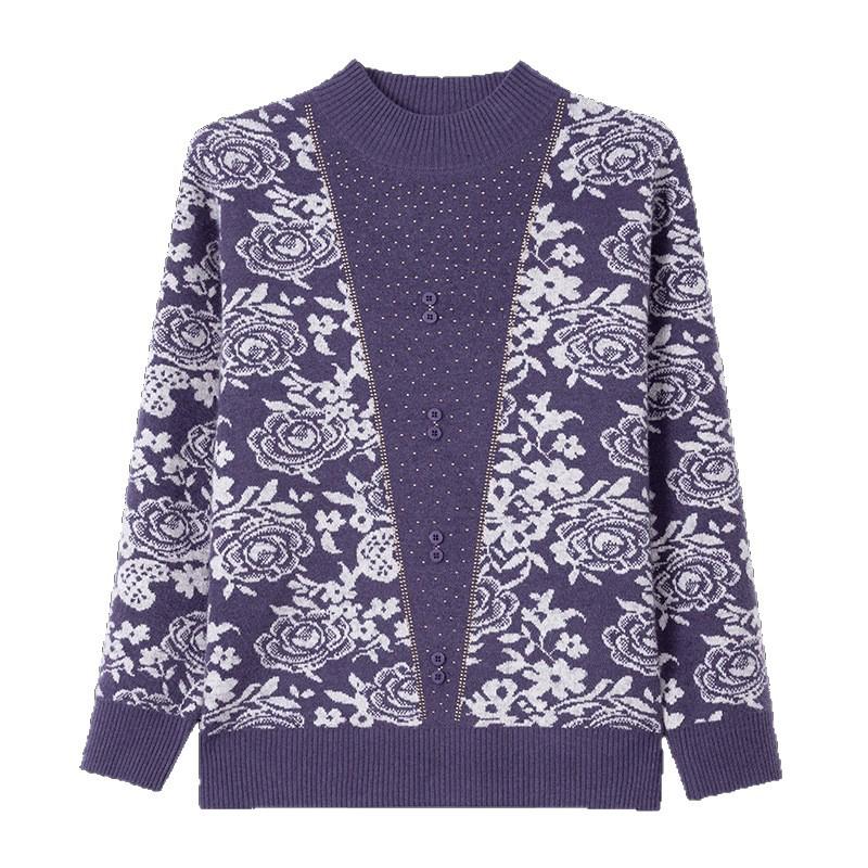 Elegant Knit Top for Middle-Aged & Elderly Women - Autumn/Winter Half-High Collar with Fleece Lining