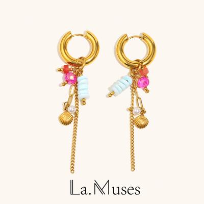La. Muses Natural Stone Zircon Shell Tassel Pendant Stainless Steel Women's Hoop Earrings PVD Gold-plated Fashion Zircon Gift