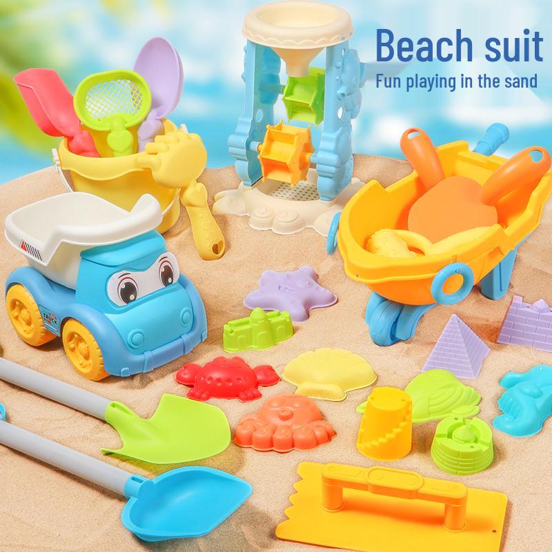 Complete Beach Toy Set: Includes Shovel, Wheelbarrow, Bucket, and Water Toys for Kids' Sand Play at the Seaside.