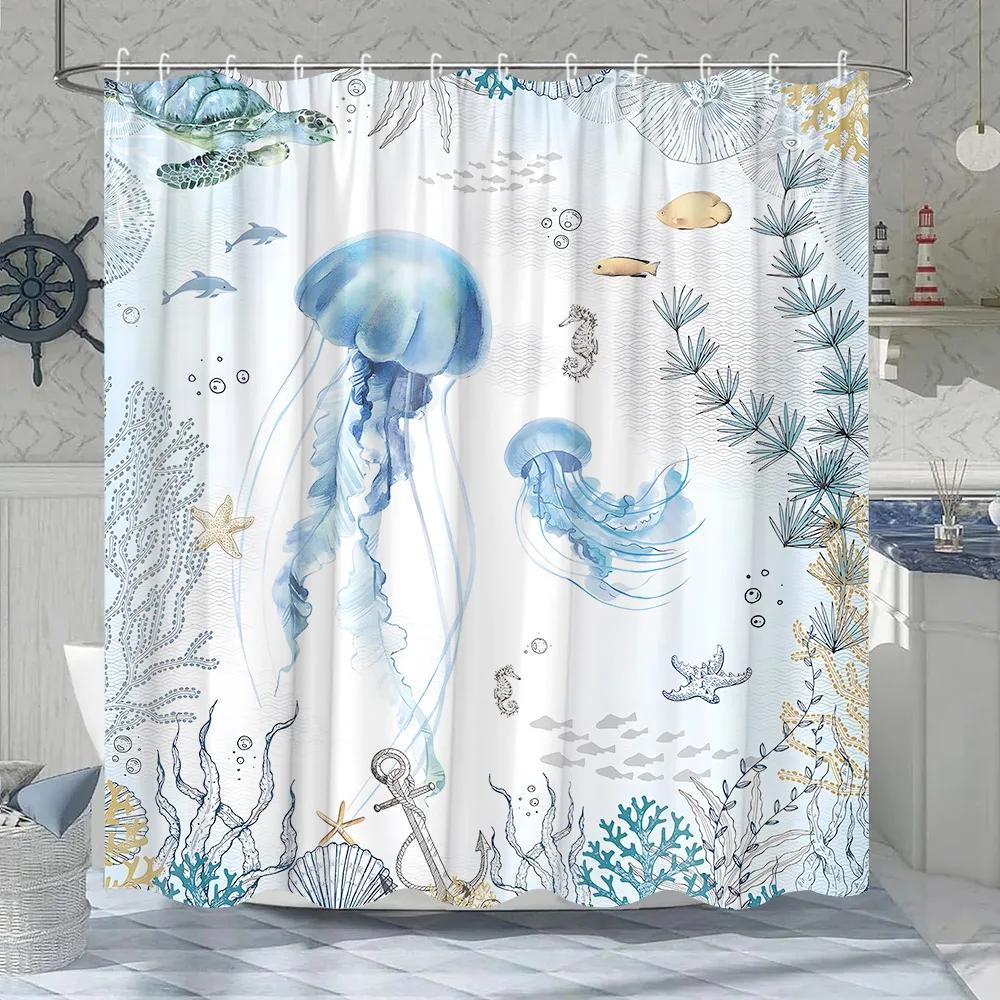 Ocean Animal Shower Curtain Underwater World Coral Nautical Sea Turtle Adventure Home Polyester Fabric Bathroom Decor Curtains