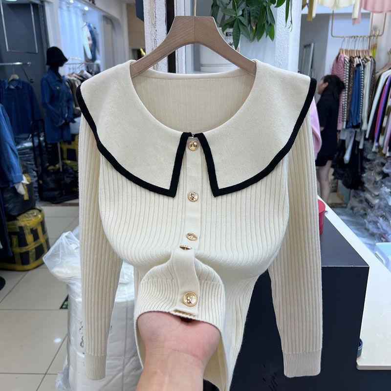 

Doll collar striped knitted women s autumn and winter gentle small age-reducing temperament beautiful backing top One Size белый