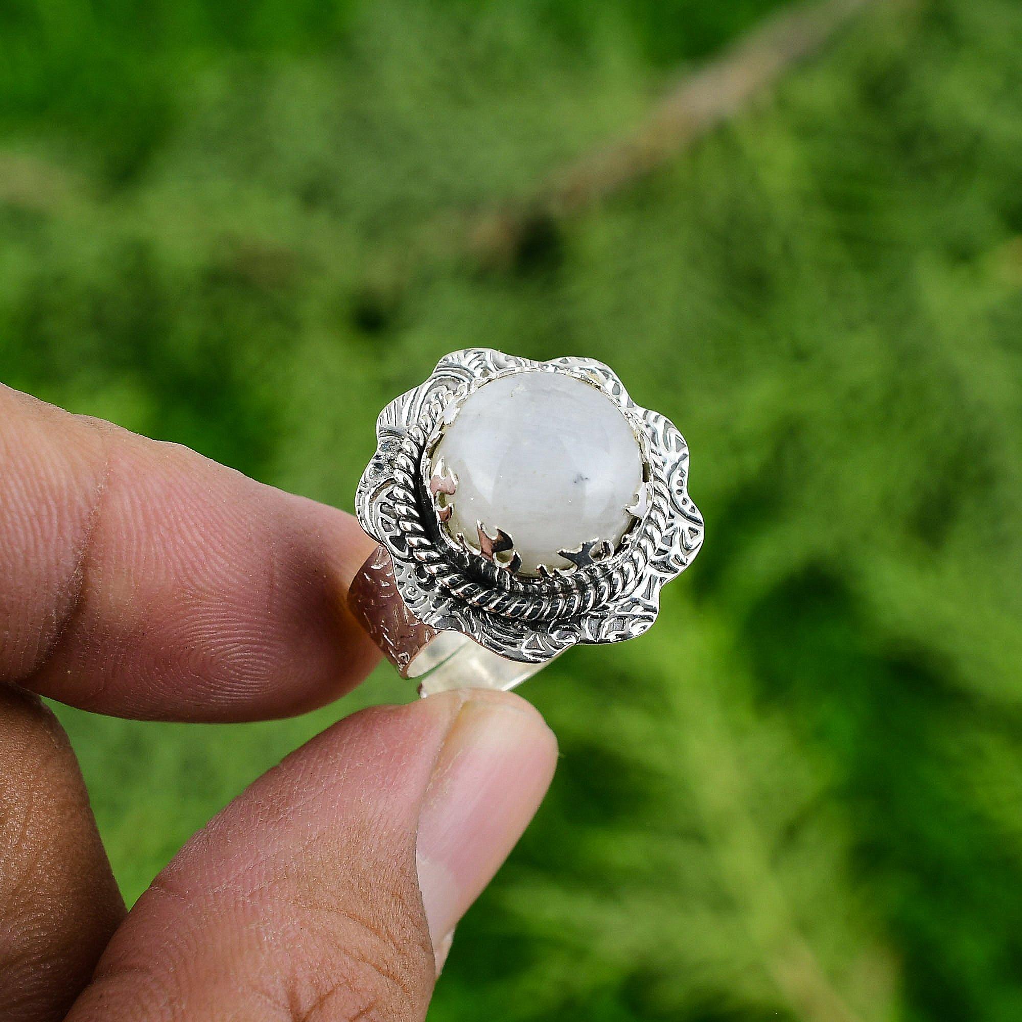 

Natural Rainbow Moonstone Gemstone Solitaire White Adjustable Ring 925 Silver Adjustable