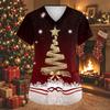 Women's V-Neck Short Sleeve Christmas Print Work Tunic Top with Pockets and Side Slits