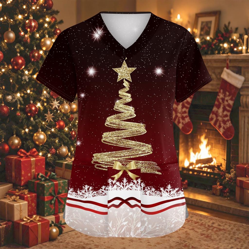 Women's V-Neck Short Sleeve Christmas Print Work Tunic Top with Pockets and Side Slits