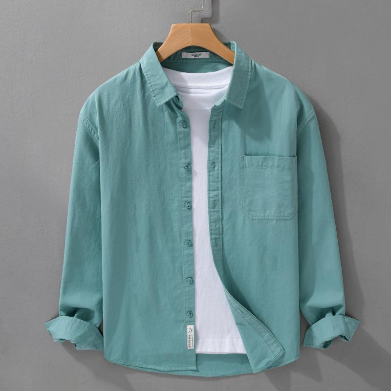 Spring and Summer Long Sleeve Mens Shirts Korean Version Solid Color Slim Shirts Comfort Pure Cotton Turn Down Collar Solid Color Casual Tops