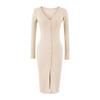 Women's Slim-Fit Brushed V-Neck Long-Sleeved Dress with Waist-Cinching, Mid-Length Skirt.