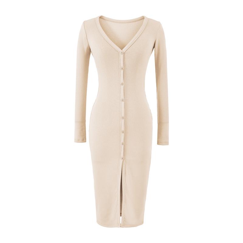 Women's Slim-Fit Brushed V-Neck Long-Sleeved Dress with Waist-Cinching, Mid-Length Skirt.