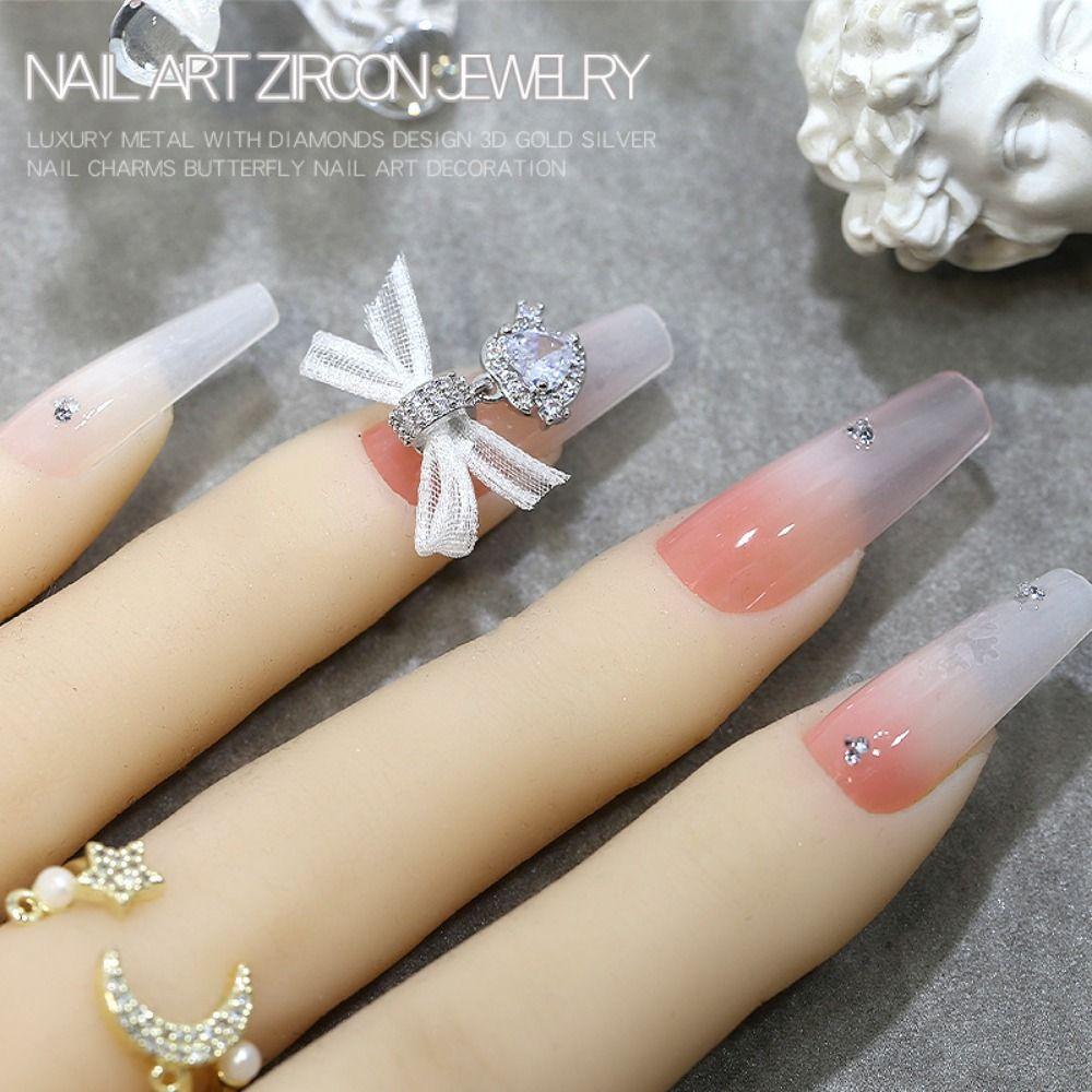 1 PCS Organza Bow Heart Zircon Pendant Nail Charms Lace Bow Love Nail Decorations  Nail Salon