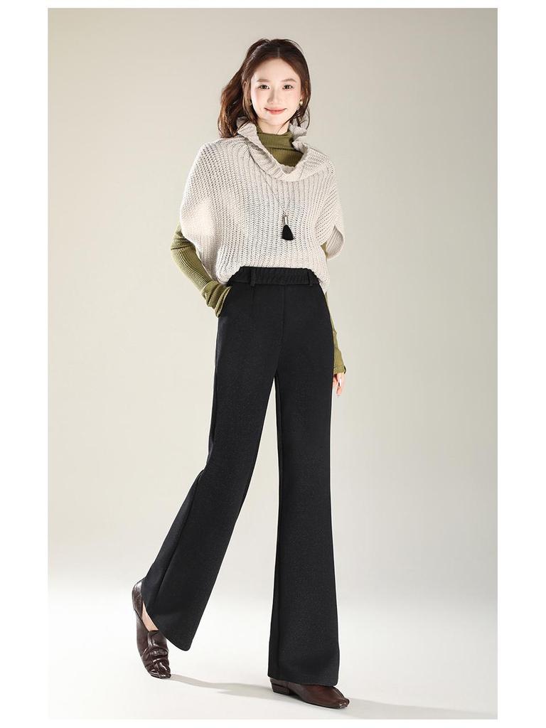 Women's Retro Black Bootcut Denim Pants - Winter Thickened, Casual, Slimming, Versatile, and Loose Fit.