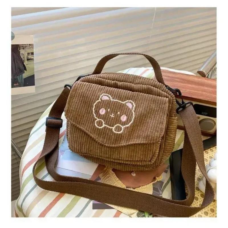 

Женская симпатичная вельветовая маленькая сумка в корейском стиле, холщовые сумки через плечо с вышивкой в виде маленького медведя, сумка через плечо для мобильного телефона кофейный