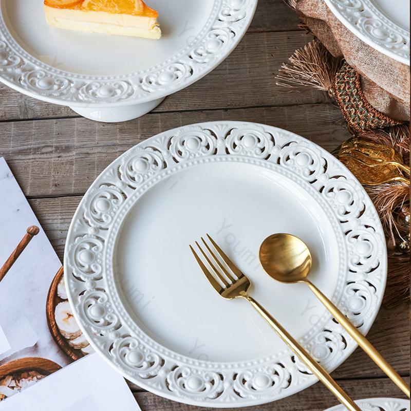 Hollow Out Relief Keramické talíře Lehký Luxusní Restaurace Steakový talíř Domácí Odpolední čaj Dezert Svačina Talíř Vynikající nádobí
