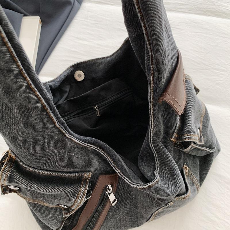 Washed Denim Slouchy Hobo Bag with Multi Pocket Design and Ruched Strap Casual Shoulder Purse for Women Daily Travel
