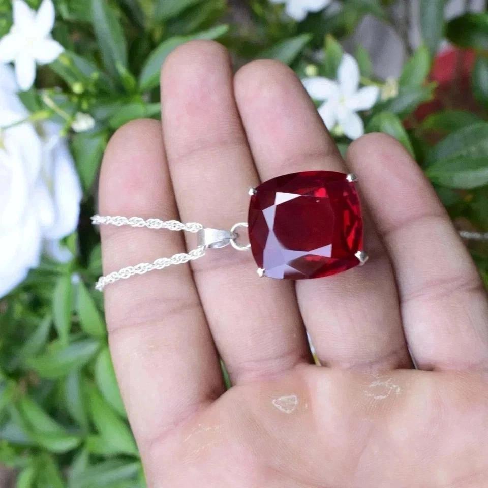 Natural Cushion Cut 20.11 Ct Red Ruby Silver Pendant Certified Gemstone Jewelry