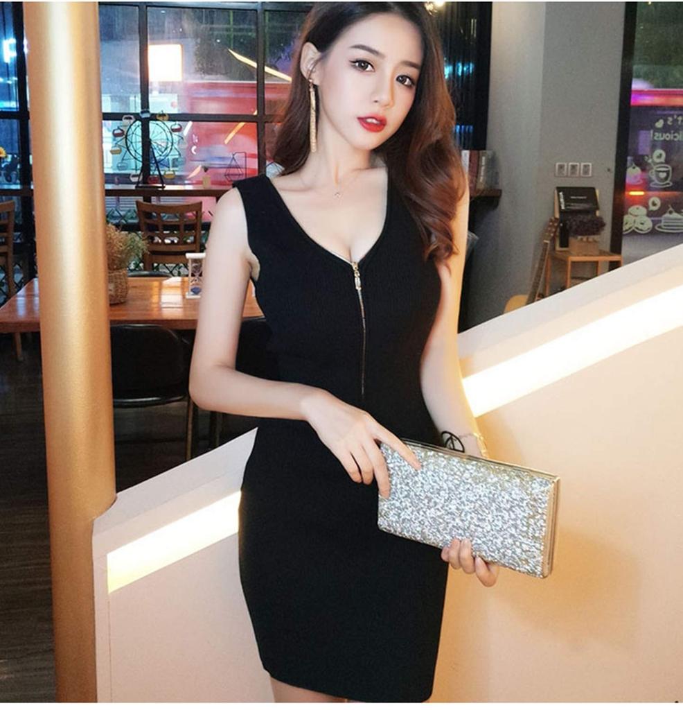 Religieuse Gold Ring Zipper Rib Knit Sleeveless Double Free Dress, V-Neck, (Black, Zipper, Size)