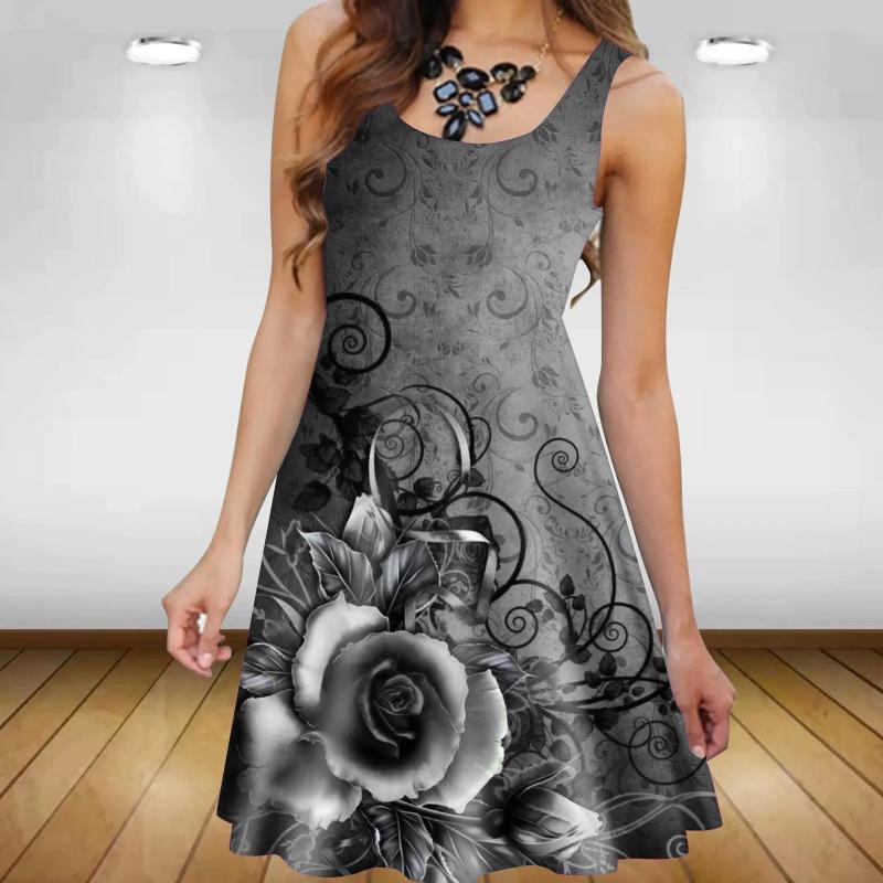 Sleeveless Floral Pattern Women Casual Mini Dresses Summer 3D Printed Street Trend Ladies Flower Dress Loose Dress