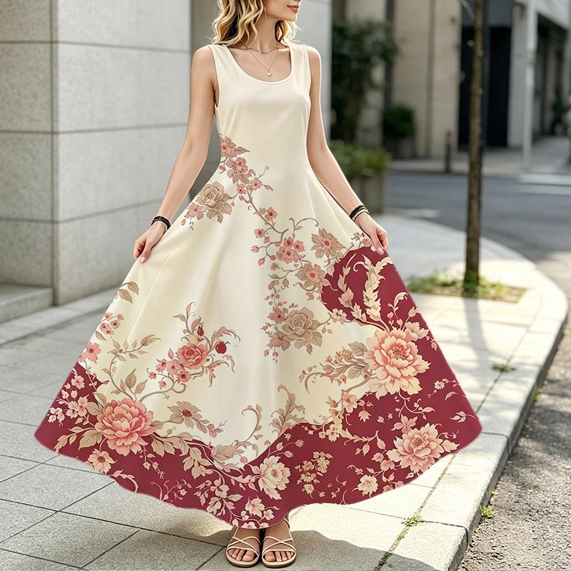 Vintage Floral Long Tank Dress,Soft Fabric,Loose Fit for Travel Photoshoot,Daily Casual & Vacation Wear,Elegant Style