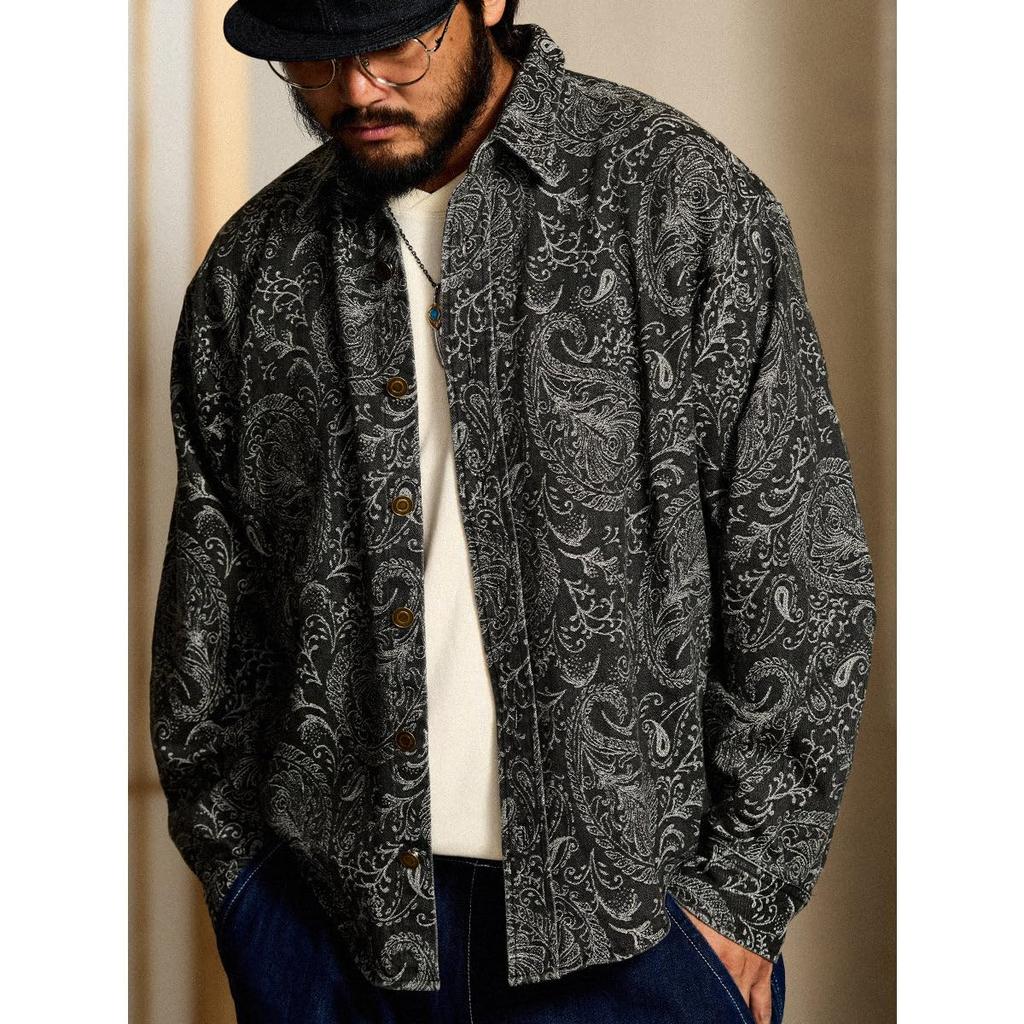 Long Sleeve Jacquard Paisley Print Washed and Size L [karaku] Men's Shirt, Denim, Casual, Simple, Stylish, Spring/Autumn,