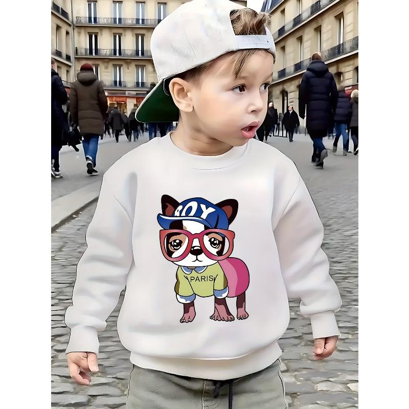 Kids Crewneck Long Sleeve Sweatshirt, Cute Cartoon Bulldog Puppy Print 110 белый