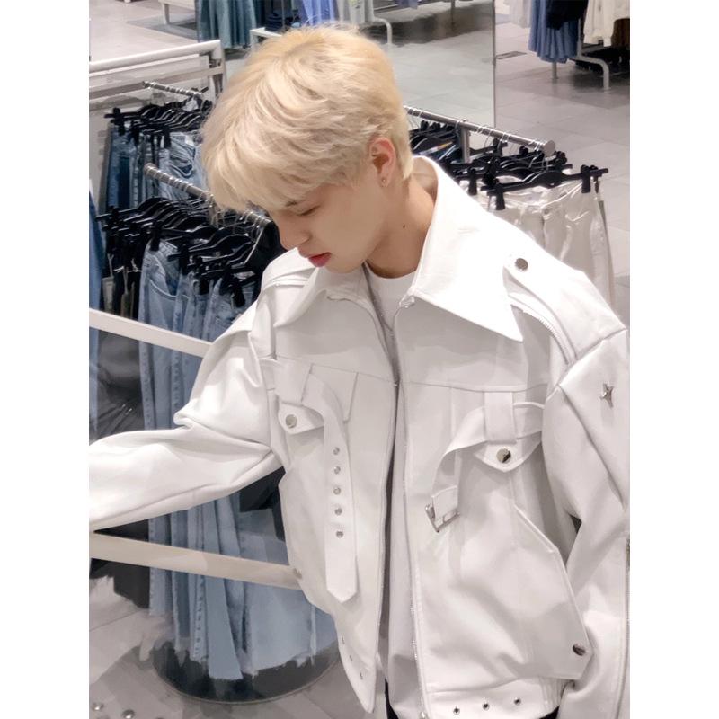 Men's High-End White Leather Motorcycle Jacket - American Retro Spring/Autumn Trend