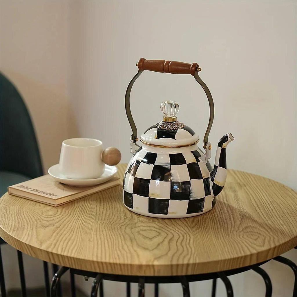 Checkered Black & White Enamel Kettle with Diamond Lid, Wooden Handle, Angled Spout, 2L Capacity - Classic All-Season Teapot