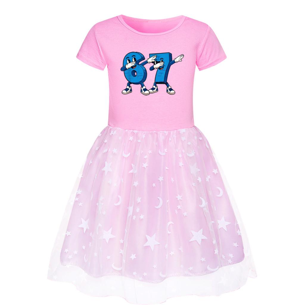 5226 Kids Girls Steal a Brainrot 67 Six Seven Print Mesh Rainbow Round Neck Casual Casual Cotton Dress