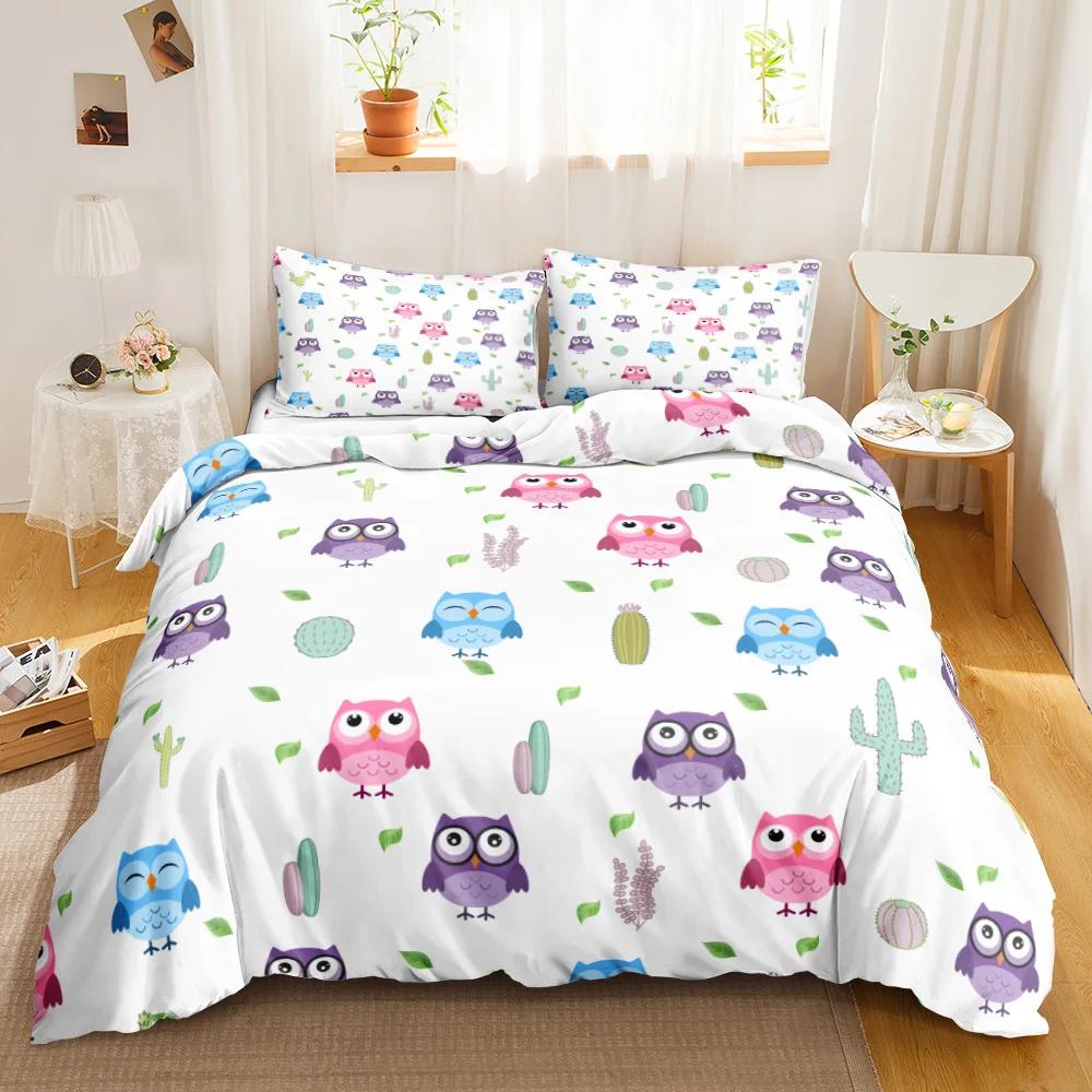 Owl Duvet Cover Set Cartoon Comforter Cover Happy Birthday Theme Bedding Set Cute Bird Polyester Quilt Cover Twin Size For Kids
