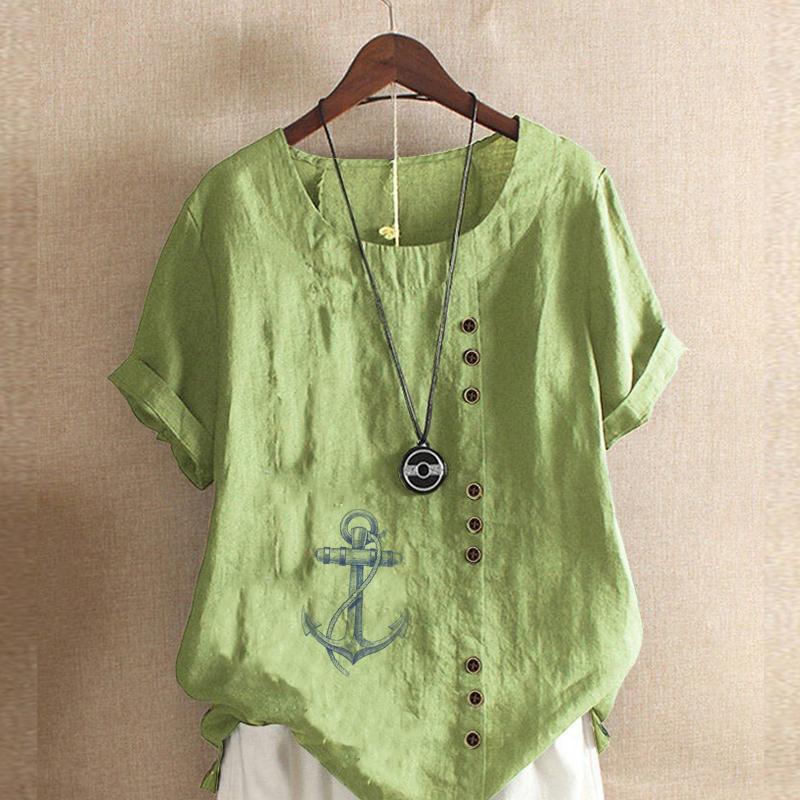 

Женская модная футболка с круглым вырезом и коротким рукавом с принтом якоря, повседневная рубашка из хлопка и льна с графическим принтом, свободная летняя блузка для отдыха, топы 5XL зелёный
