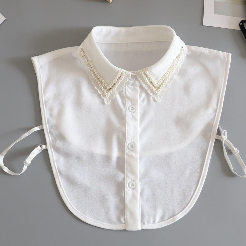 Beaded Fake Collar Shirt Chiffon White Detachable Collar Fake Women Vintage Ladies False Blouse Collar Lapel Half Shirt Neckwear