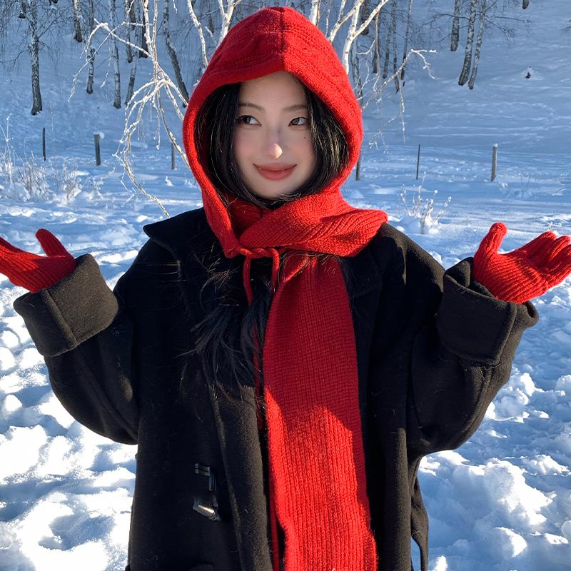 Autumn Winter Warm Hat And Scarf In One Korean Style Plain Casual Knitted Hat