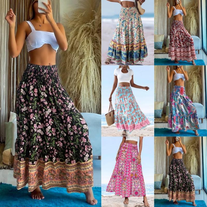 summer high waist elastic waist loose printed long skirt skirt women