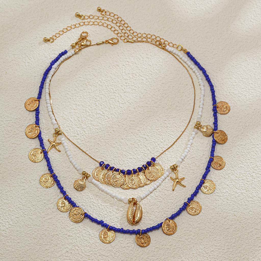 Literary and Retro-style Portrait, Coin Necklace, Unique Ethnic and Exotic Multi-layer Rice Bead Necklace