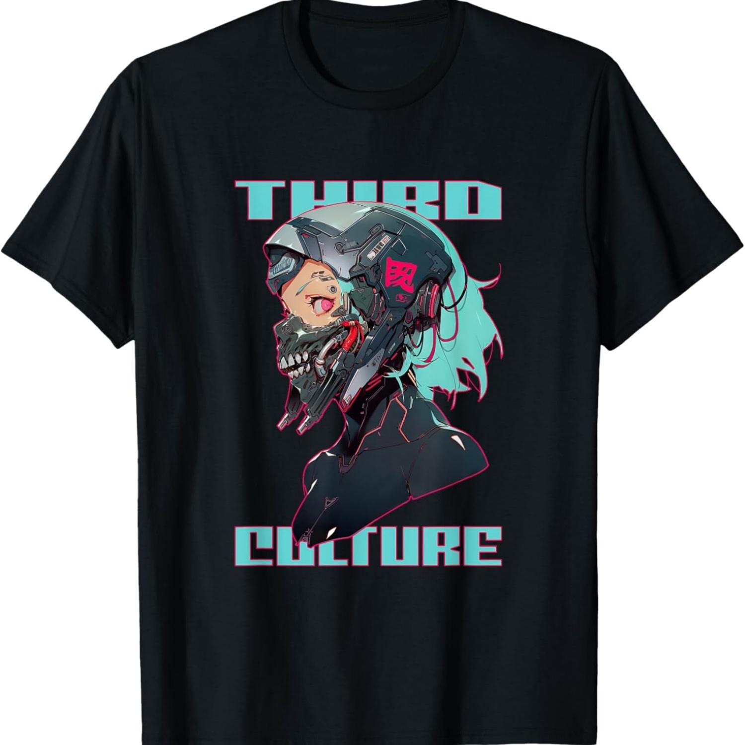 CYBERPUNK BLUE HAIRED GIRL SKULL GAS MASK T-Shirt S чёрный