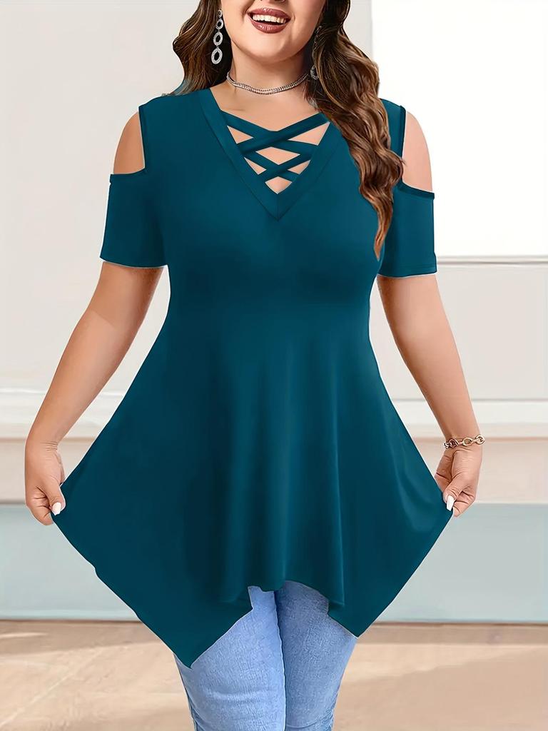 V-Neck Off-Shoulder Short Sleeve Crossover Strap Women's T-Shirt